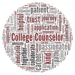 Word collage of adjectives/nouns describing College Counselors such as patient, helpful, trust, journey,