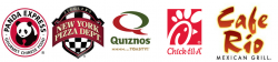 Logos of lunch vendors: Panda Express, NYPD Pizza, Quiznos, Chick-fil-A and Cafe Rio