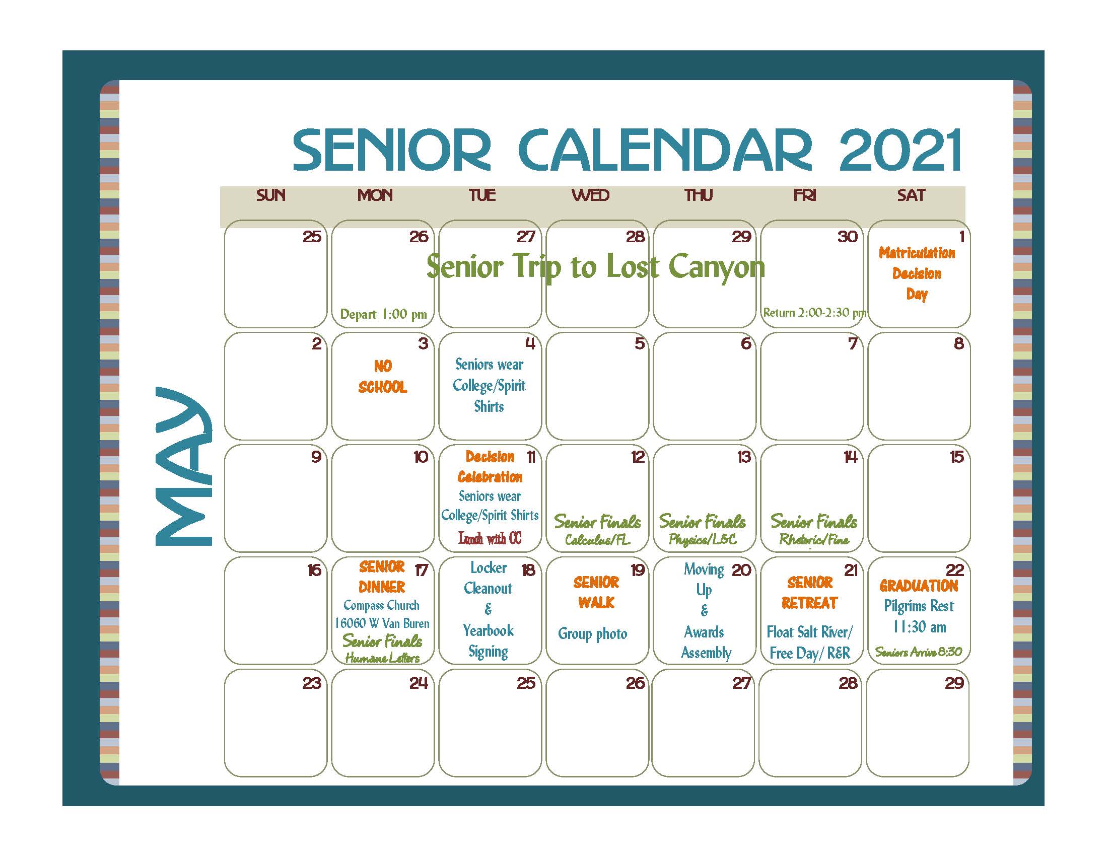 2021 Senior Calendar blue Great Hearts Trivium Prep, Serving Grades 612